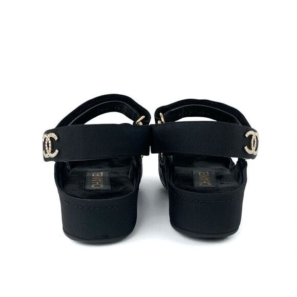 Chanel Sandals Shoes Fabric Velor Black Gold Rhinestone CC Coco Mark Logo Velcro - Picture 5 of 10